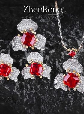 高定珠宝鸽血红宝石吊坠彩宝耳钉