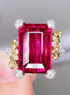 花之舞玫红钻山茶花开口戒指仿