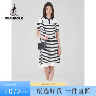夏季 BEANPOLE滨波 女士黑白条纹休闲针织polo领连衣裙
