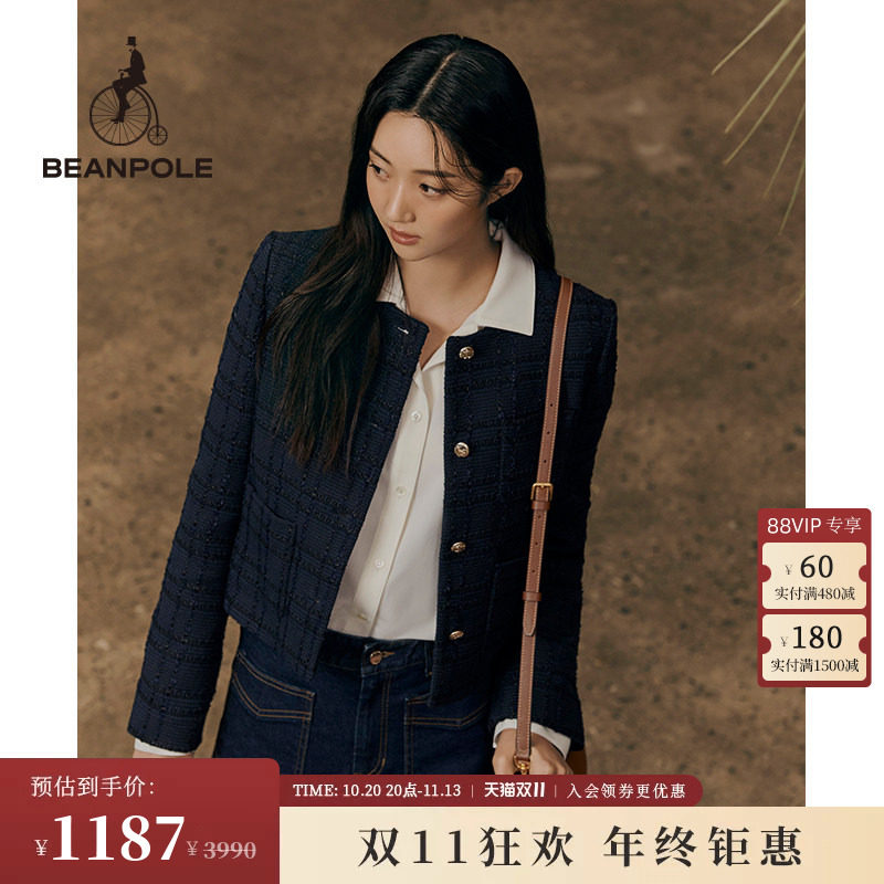 BEANPOLE滨波 女士气质小香风格纹圆领休闲西装优雅毛呢单西外套