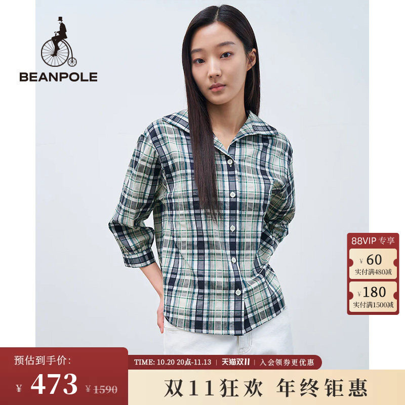 BEANPOLE滨波  新款女士休闲薄荷绿翻领格纹7分袖衬衫
