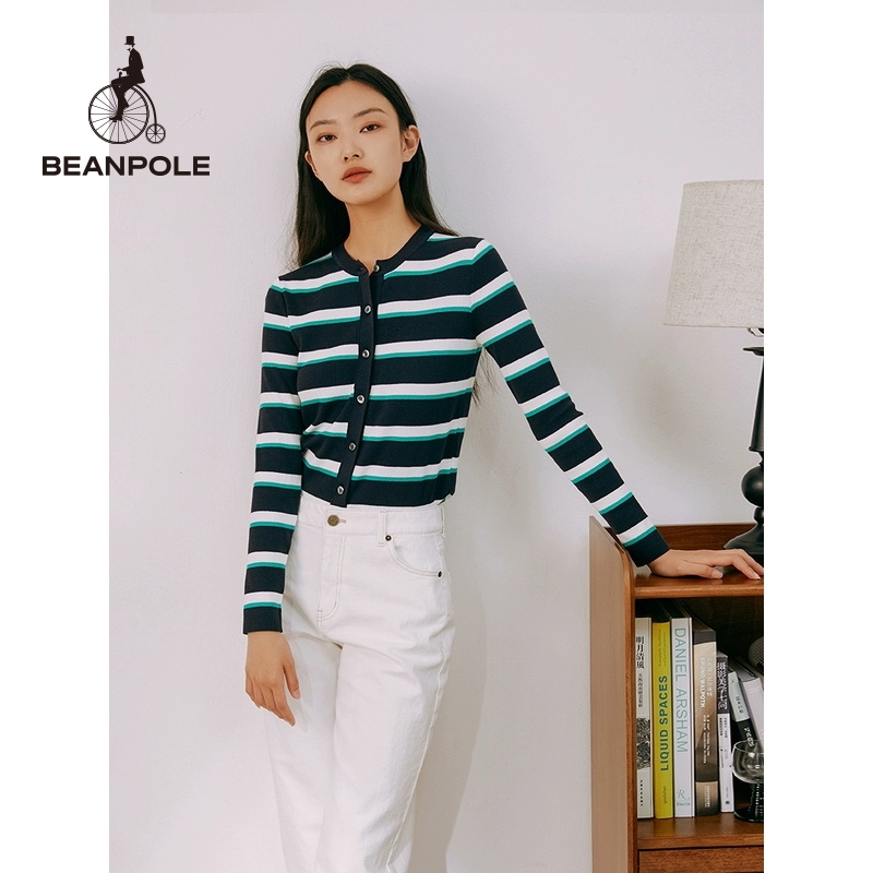 BEANPOLE滨波 女士蓝黑条纹休闲低圆领针织开衫外套