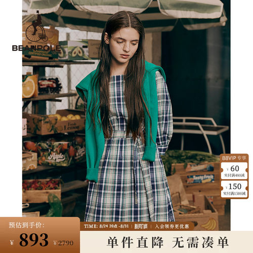 BEANPOLE滨波格纹泡泡袖连衣裙