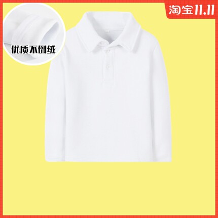 儿童白色t恤长袖男童女童翻领加绒加厚polo衫带领小学生校服冬季7