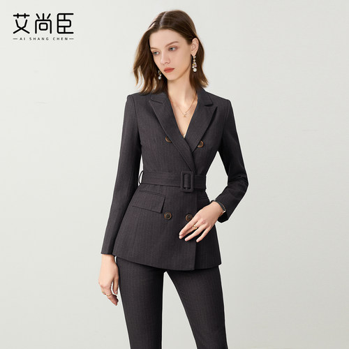艾尚臣棕色高级感女条纹西装套装
