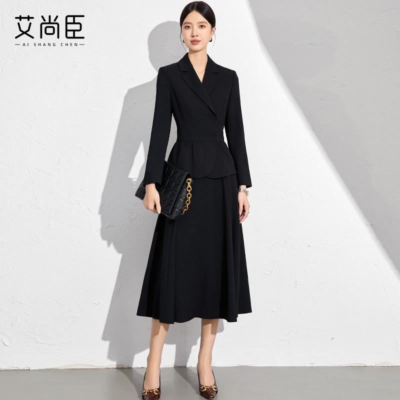 艾尚臣黑色西装套装女修身裙高级感职业大学老师工作服a字裙显瘦