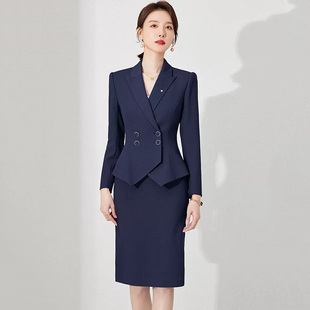 美容院酒店前台接待职业装 藏青色西装 工装 薄款 OL工作服 套裙女夏季