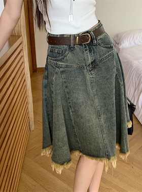 韩国hcic设计感复古做旧不规则牛仔半身裙女新款高腰夏季时尚裙子