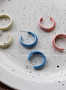 彩色阳光复古C形奶油蓝色半圈耳圈耳环蚊香盘耳夹s925银针耳钉