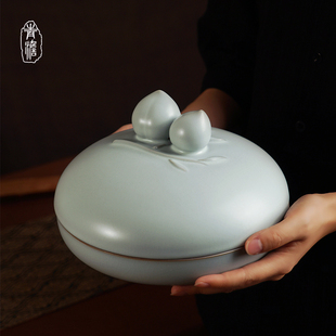 汝窑普洱茶叶罐大号茶饼醒茶储存罐冰裂釉复古青瓷景德镇陶瓷礼品
