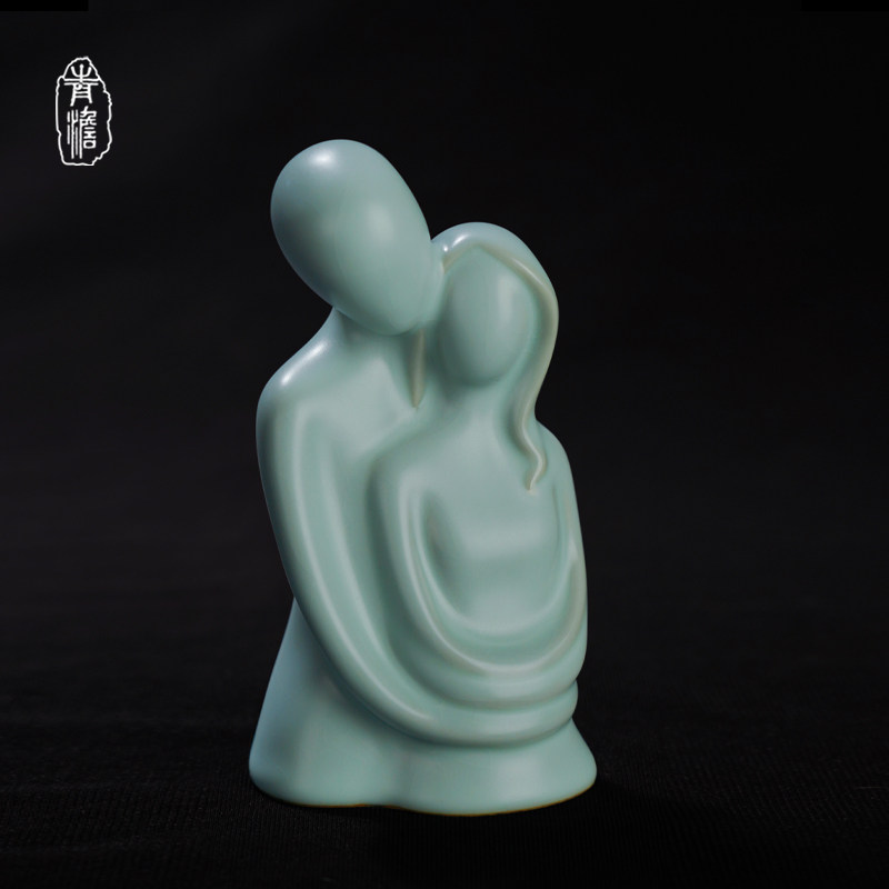 汝窑抽象人物百年好合摆件景德镇陶瓷客厅家居装饰品轻奢青瓷礼品