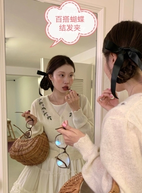 网红少女麻花辫发夹双马尾蝴蝶结一对飘带黑色发饰小红书同款头饰