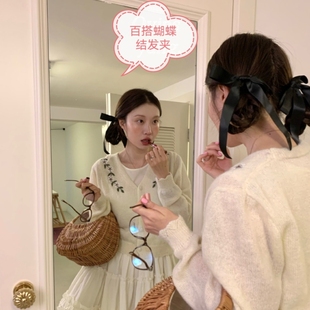 网红少女麻花辫发夹双马尾蝴蝶结一对飘带黑色发饰小红书同款头饰