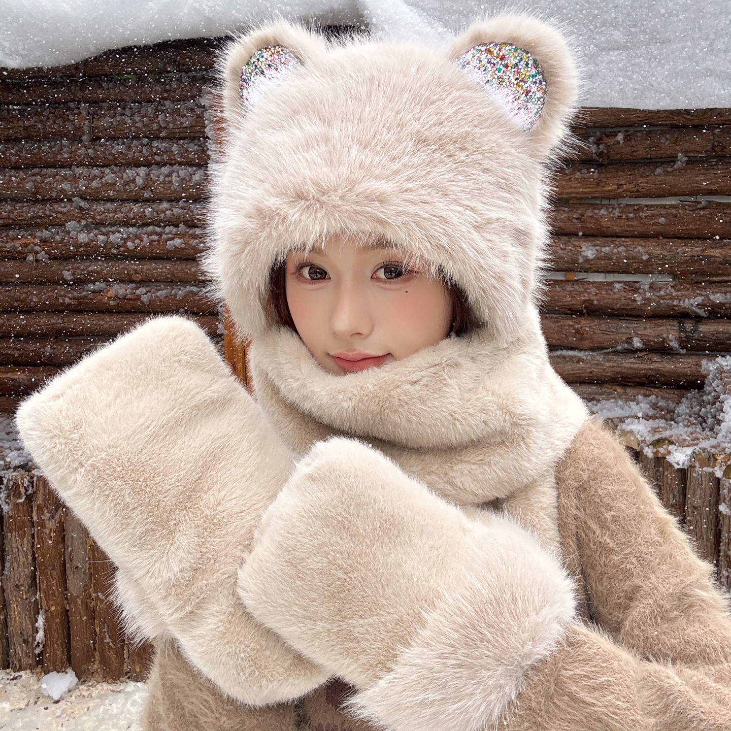 小熊帽子女冬季可爱围巾手套一体毛绒保暖东北防风围脖三件套骑车