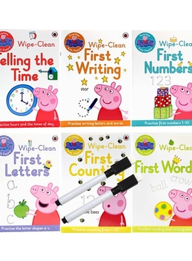 小猪佩奇可重复擦写练习册6本 Peppa Pig Practise with Peppa Wipe-Clean 英文原版 粉红猪两支擦擦笔拼写单词书写刷刷笔书