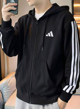 Adidas阿迪达斯男装针织夹克外套加绒保暖连帽跑步运动服JD1870