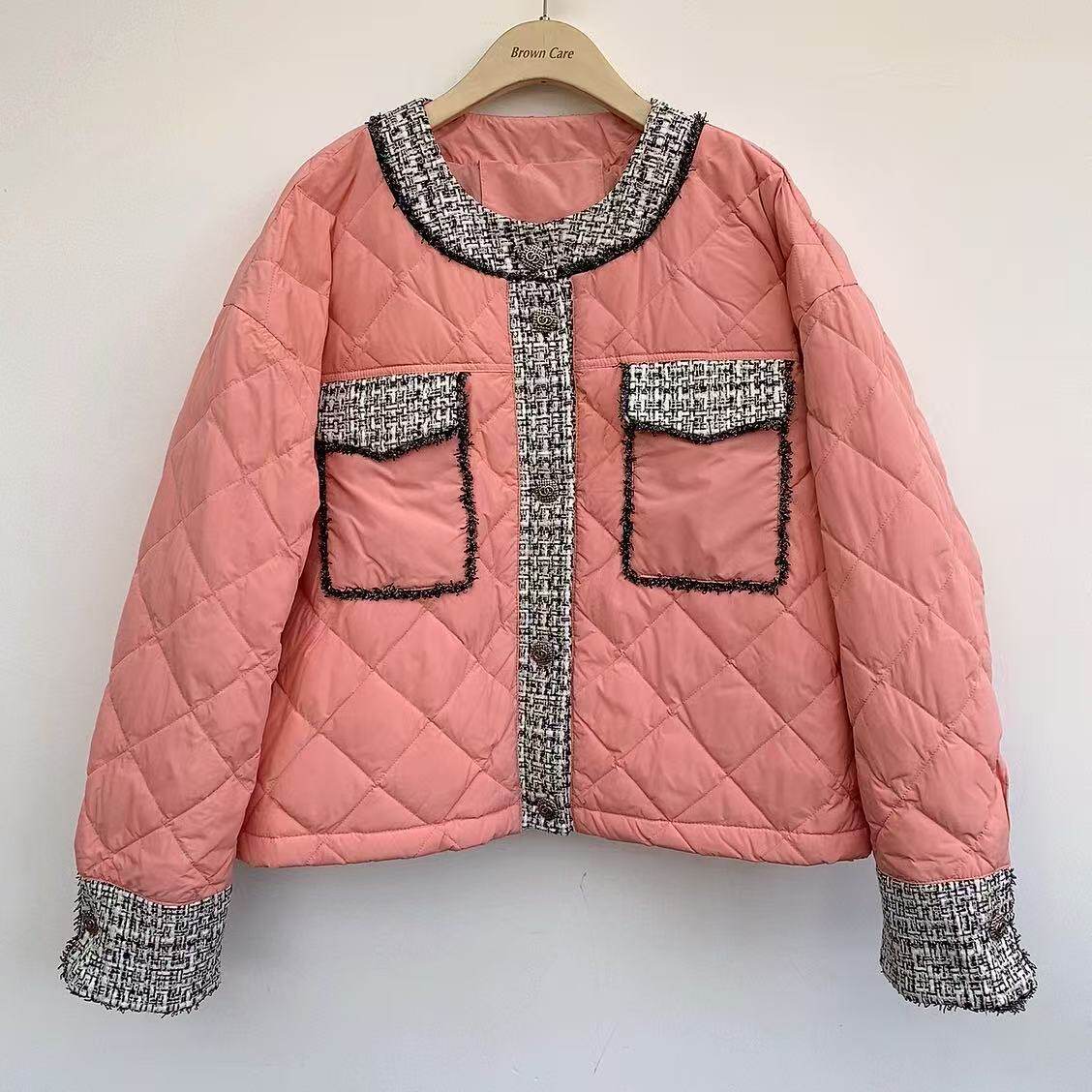 反季清小香风羽绒服女秋冬经典圆领高级感拼接白鸭绒短款宽松外套