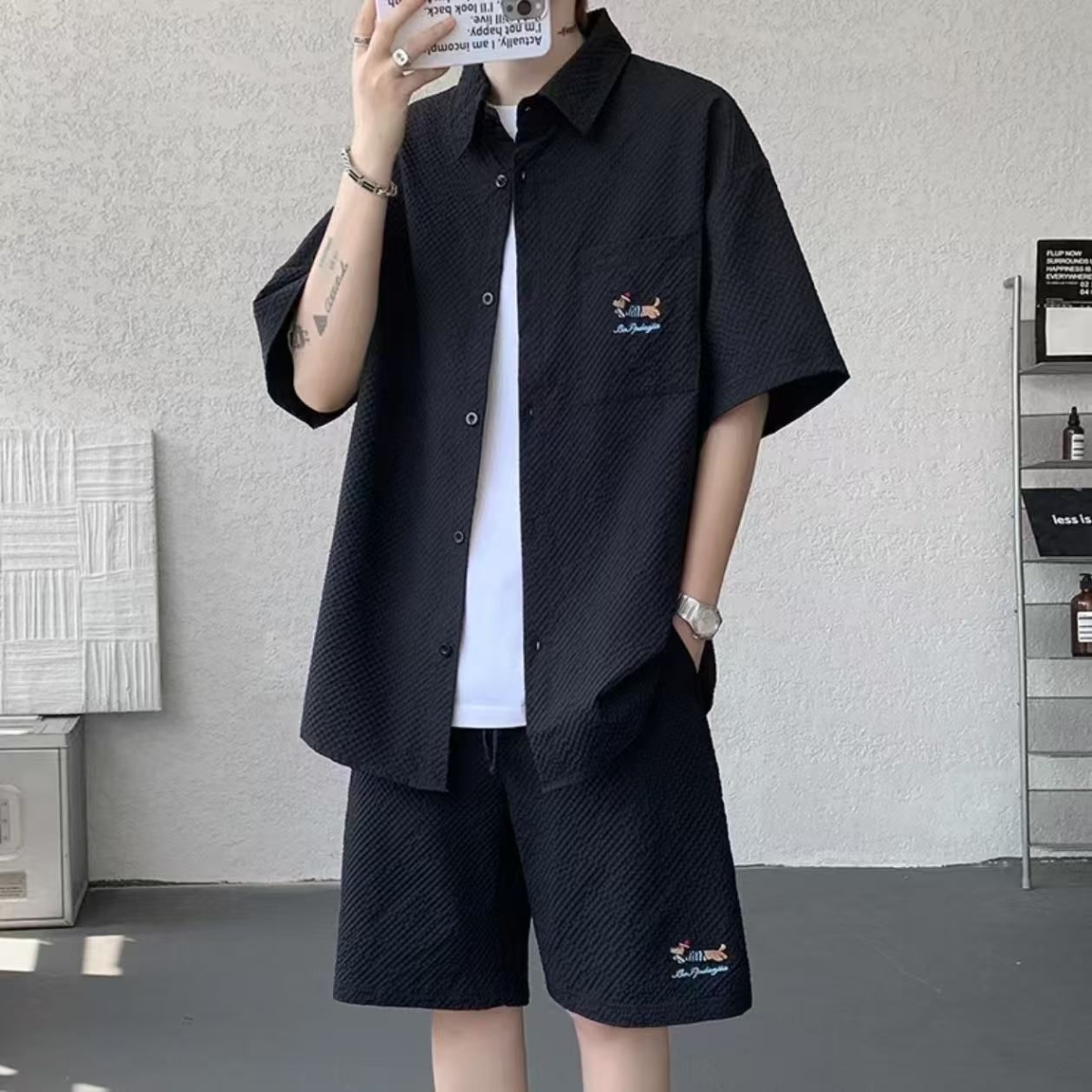 短袖衬衫男士ins潮牌设计感大码衬衣夏季港风宽松百搭外套