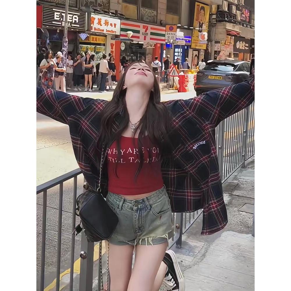 BGCC美式复古酒红色格子长袖衬衫男秋季潮牌宽松情侣休闲衬衣外套