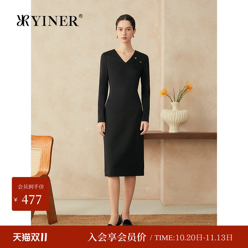 【美丽诺羊毛】YINER音儿春季法式气质V领收腰连衣裙长袖小黑裙