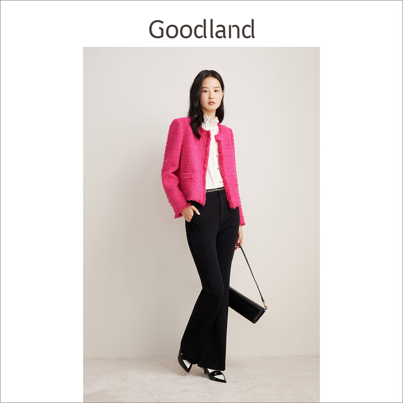 Goodland美地春季玫红色小香风粗花呢拉毛休闲短外套