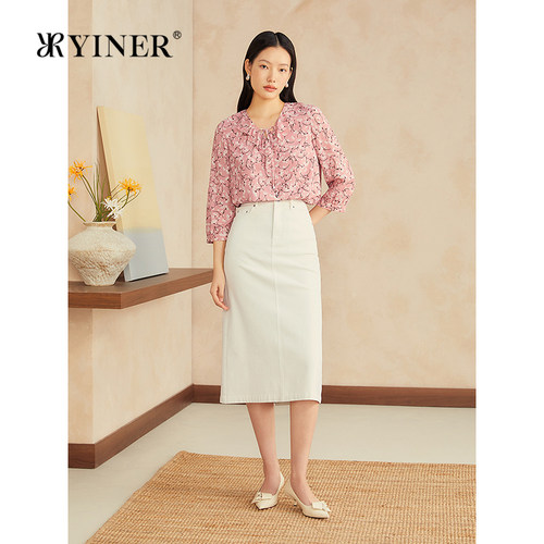 YINER音儿专选夏季新款荷叶花边V领印花衬衫蒲公英印花上衣
