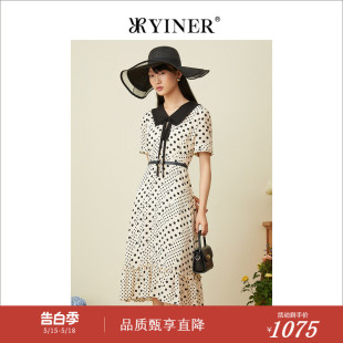 夏季 YINER音儿女装 黑白波点娃娃领醋酸飘带真丝连衣裙