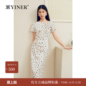 YINER音儿夏季桑蚕丝复古波点提花收褶收腰连衣裙