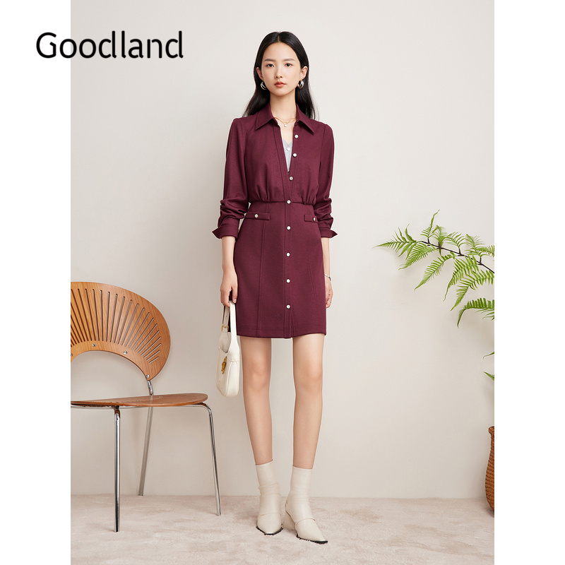 【安可拉红】Goodland美地女装冬季时尚衬衫式假两件连衣裙