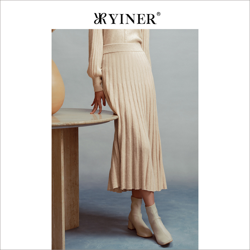 【裸感羊绒】YINER音儿女装冬季舒适绵羊毛收褶半身裙
