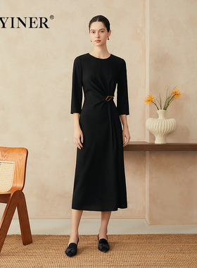 YINER音儿2025春季新款法式褶艺修身收腰气质小黑裙显瘦连衣裙