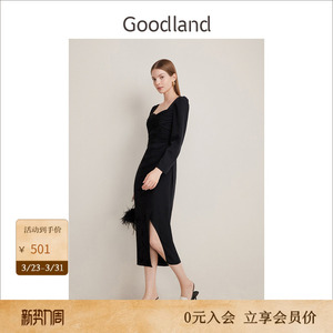 Goodland美地女装春季法式优雅收褶方领开衩收腰连衣裙