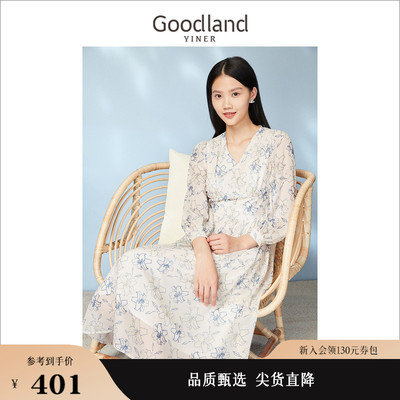 Goodland美地女装春季别致绣花印花设计感茶歇V领连衣裙