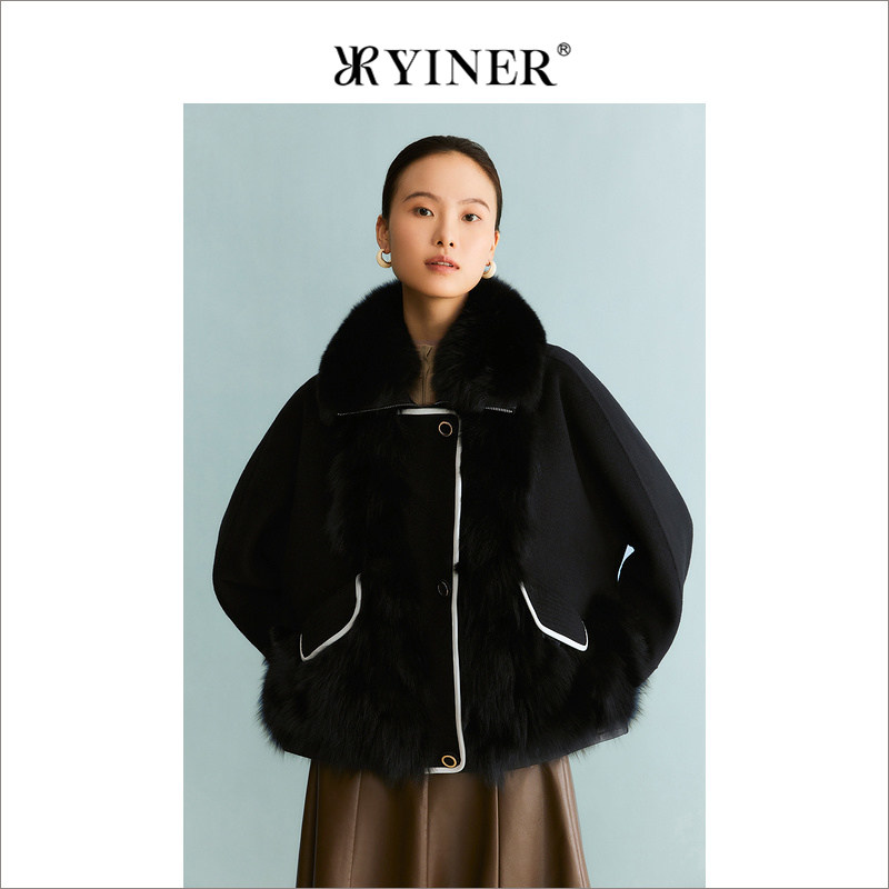 YINER音儿专选女装冬季狐狸毛领绵羊毛皮草短外套