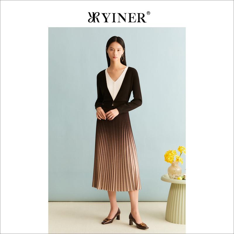 YINER音儿女装冬季法式压褶拼接含绵羊毛针织连衣裙