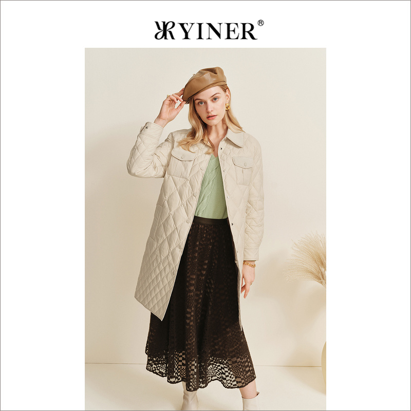 YINER音儿女装冬季菱格纹中长款保暖白鹅绒羽绒服