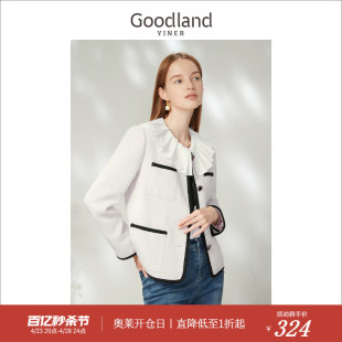 春季 千金风 Goodland美地女装 粗花呢包边香风短外套