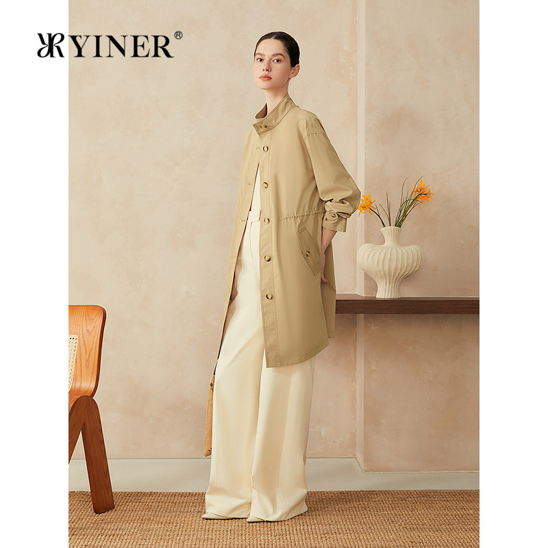 YINER音儿春季新款法式显瘦抽绳立领中长款收腰风衣外套
