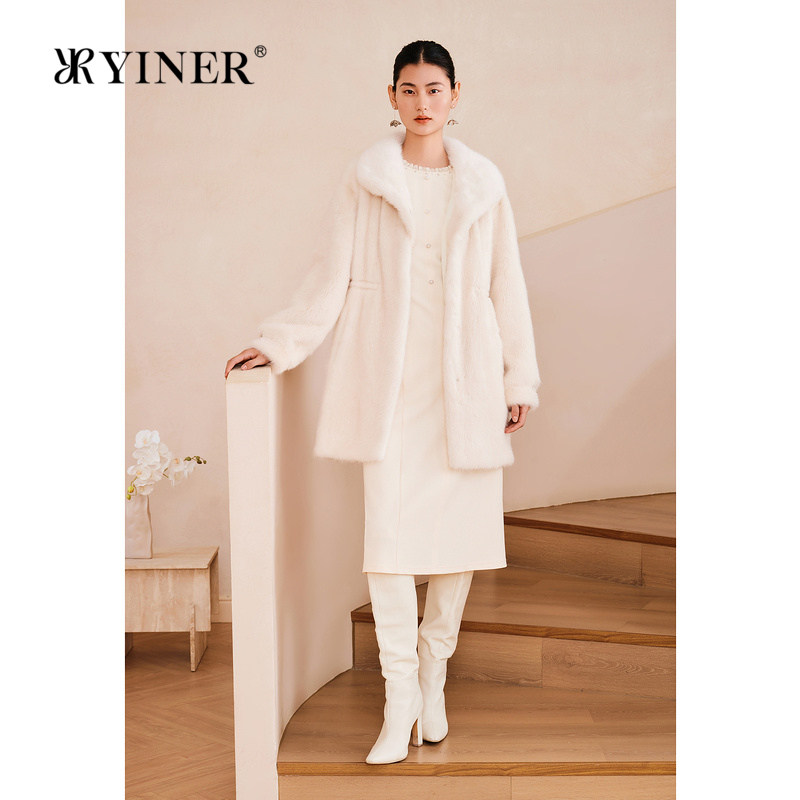 YINER音儿专选2025春季新款轻柔蓬松水貂毛皮长款正肩真皮皮草