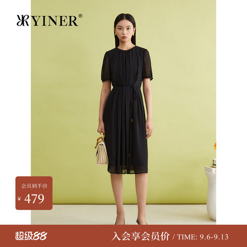 YINER音儿专选夏季法式优雅压褶工艺小黑裙垂顺优雅连衣裙