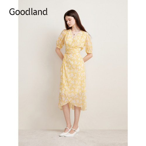 Goodland美地春季真丝收腰不对称A摆连衣裙