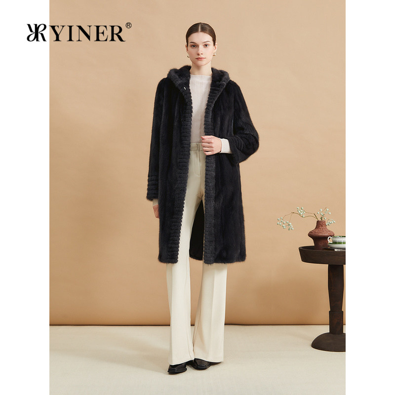 YINER音儿专选女装冬季时尚剪花连帽外套顺滑水貂毛皮真皮皮草