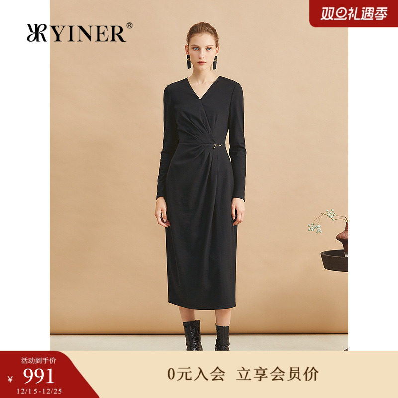 【美丽诺羊毛】YINER音儿女装冬季时尚法式收褶收腰小黑裙连衣裙