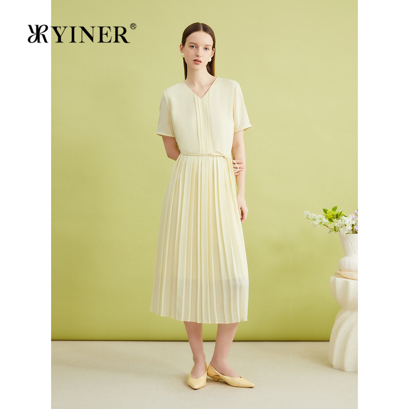 YINER音儿专选夏季法式V领系带收褶收腰百褶优雅连衣裙