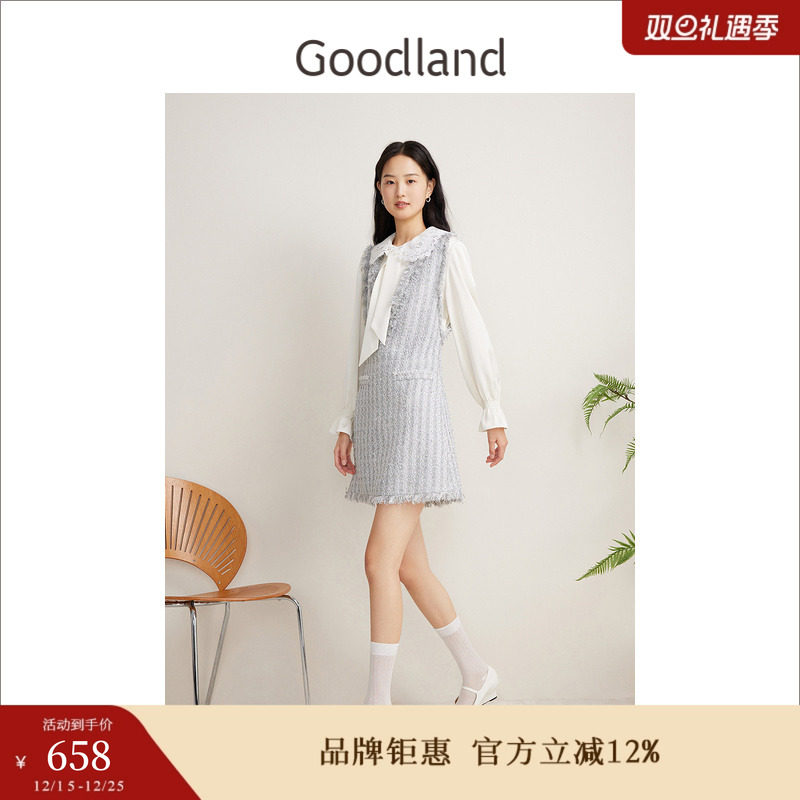Goodland美地春季法式优雅双层大翻领蕾丝花纱背心连衣裙