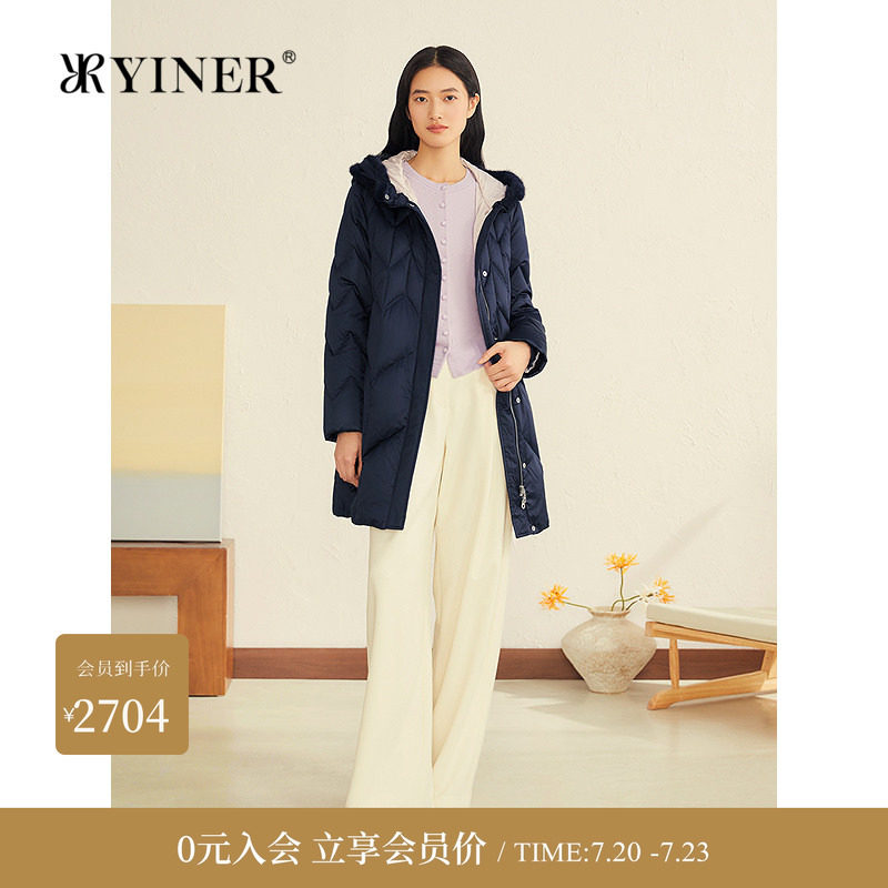 YINER音儿冬季新款桑蚕丝缎面水貂毛边立领连帽中长款羽绒服