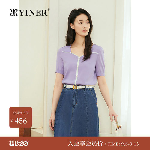 【周末花园】YINER音儿专选夏季新款短袖撞色Y字海鸥领针织衫