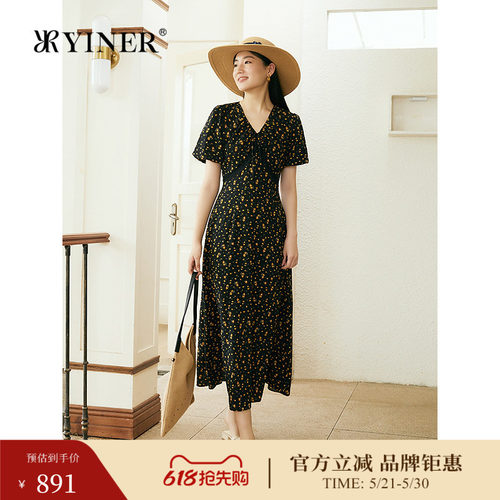YINER音儿专选夏季新款法式V领千代兰印花灯笼袖A摆连衣裙