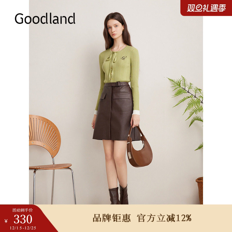 Goodland美地女装冬季时尚羊毛法式系带坑条肌理毛针织衫