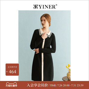 YINER音儿专选女装冬季法式优雅撞色翻领针织连衣裙